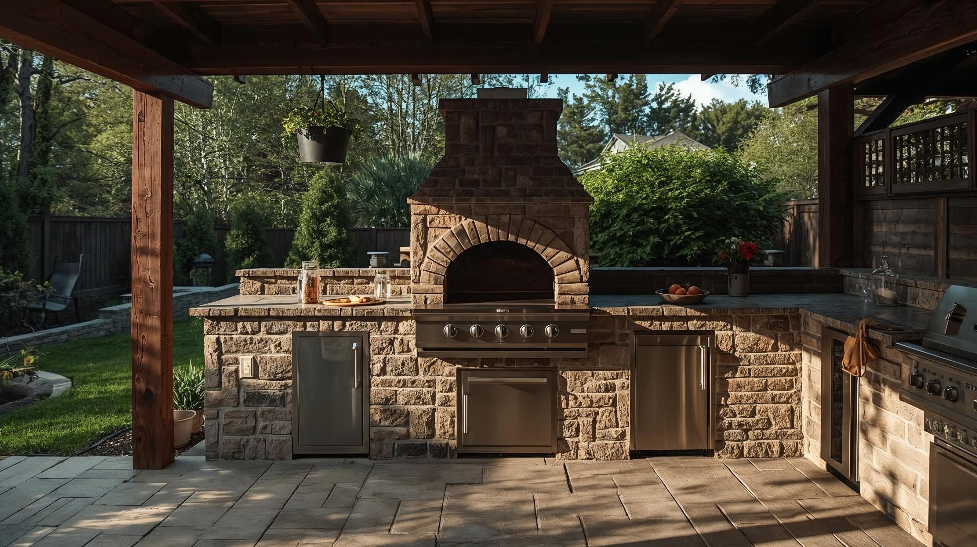 Outdoor kitchen with built-in pizza oven